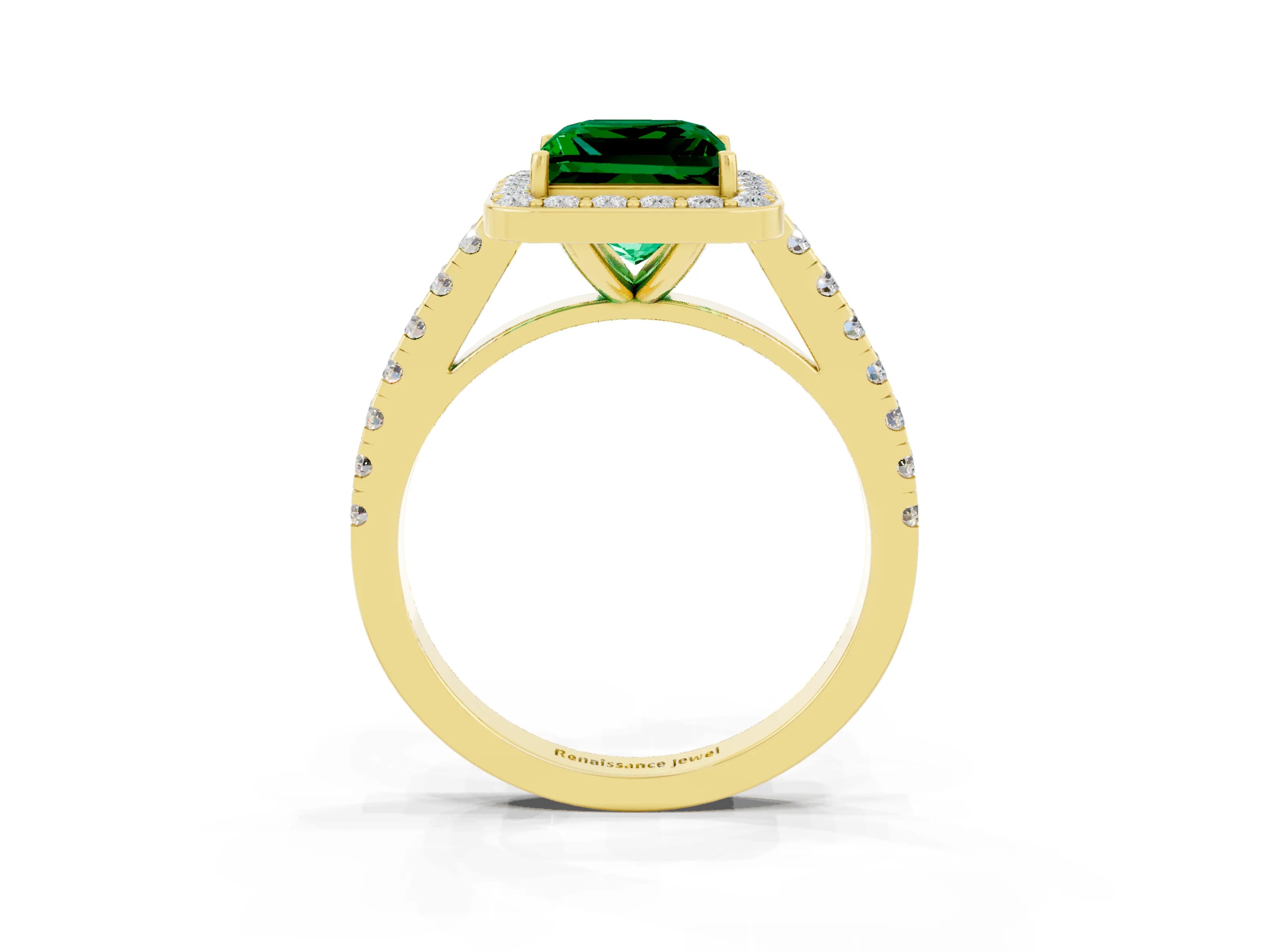 Yellow gold Princess Cut Halo Diamond Ring with Pavé Band and Three-Prong Setting_3