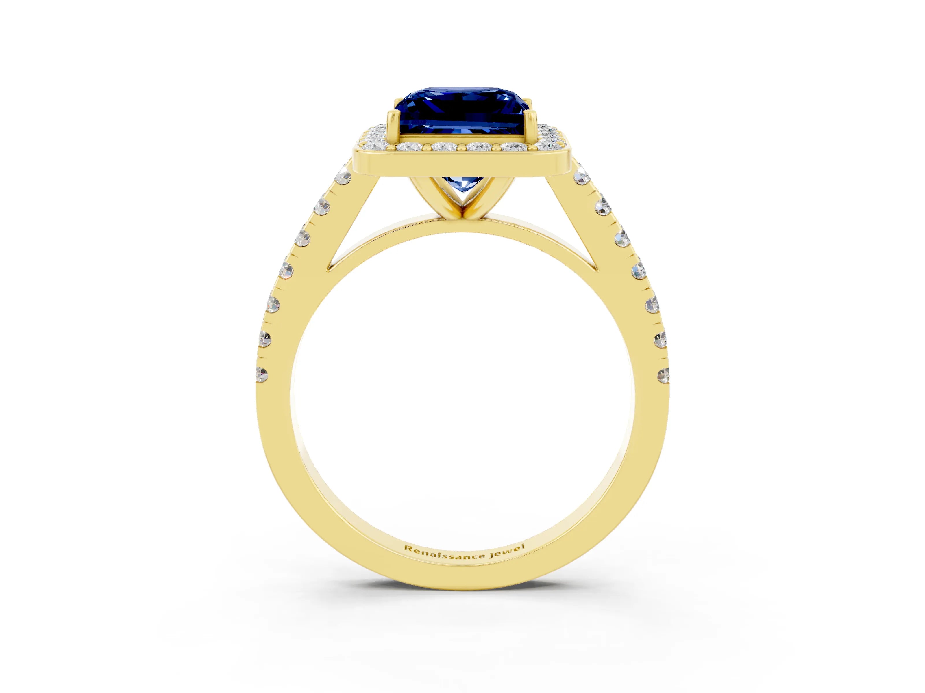 Yellow gold Princess Cut Halo Diamond Ring with Pavé Band and Three-Prong Setting_3