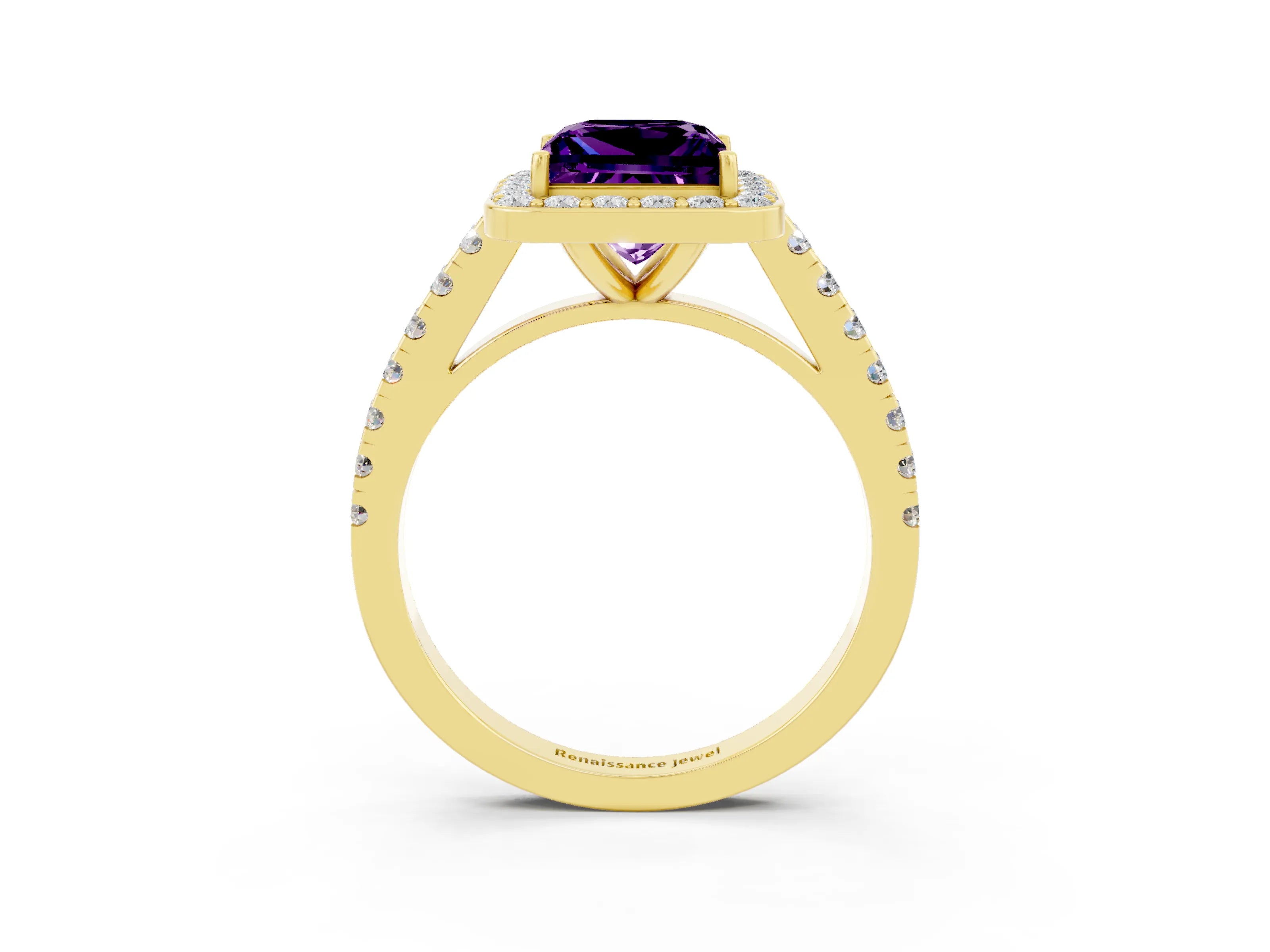 Yellow gold Princess Cut Halo Diamond Ring with Pavé Band and Three-Prong Setting_3