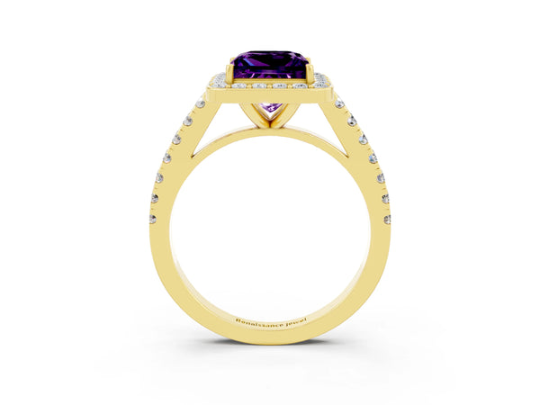 Yellow gold Princess Cut Amethyst Halo Ring with Round Pavé Split Shank and Prong Setting