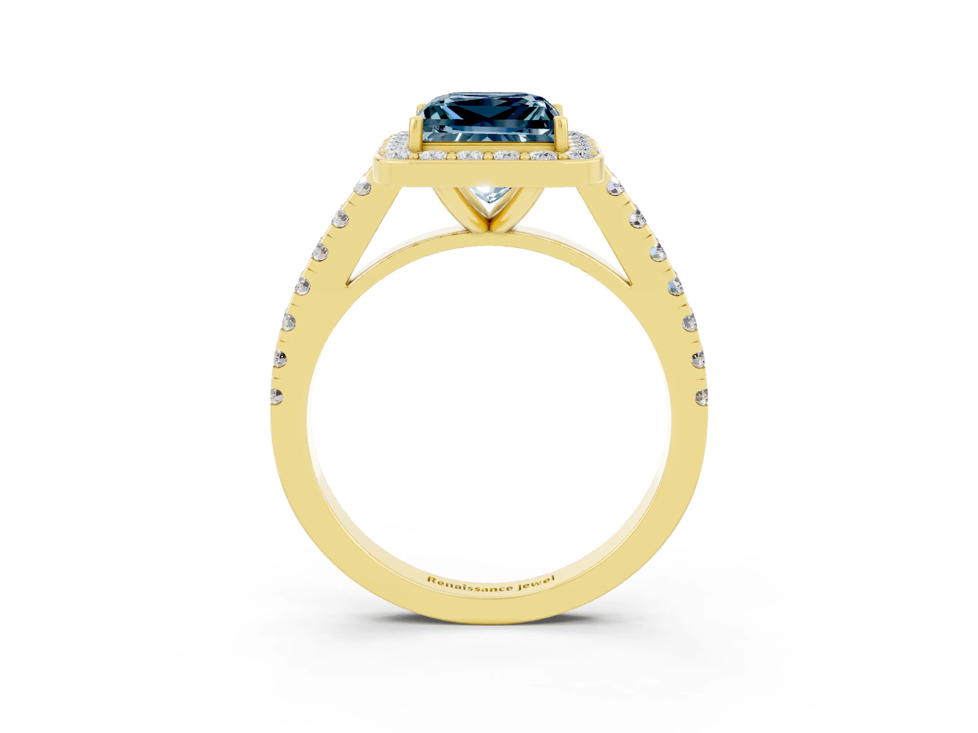 Yellow gold Princess Cut Halo Diamond Ring with Pavé Band and Three-Prong Setting_3