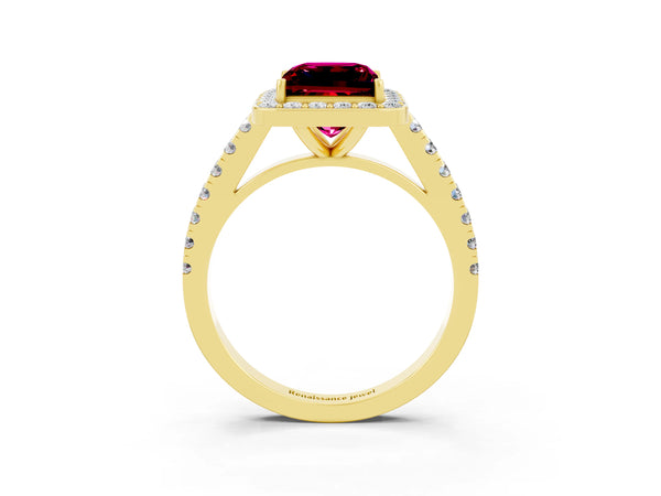 Yellow Gold Princess Cut Garnet Halo Engagement Ring with Shared Prong Pave Band
