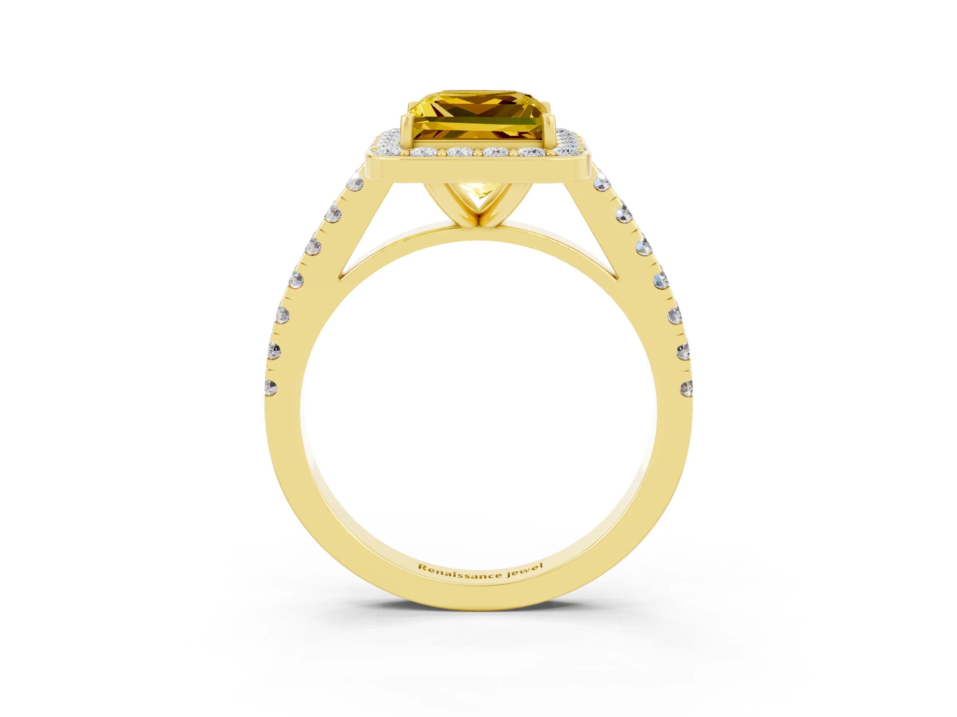 Yellow gold Princess Cut Halo Diamond Ring with Pavé Band and Three-Prong Setting_3