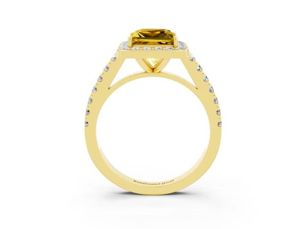 Yellow gold Princess Cut Yellow Sapphire Halo Ring with Round Pavé Split Shank and Prong Setting
