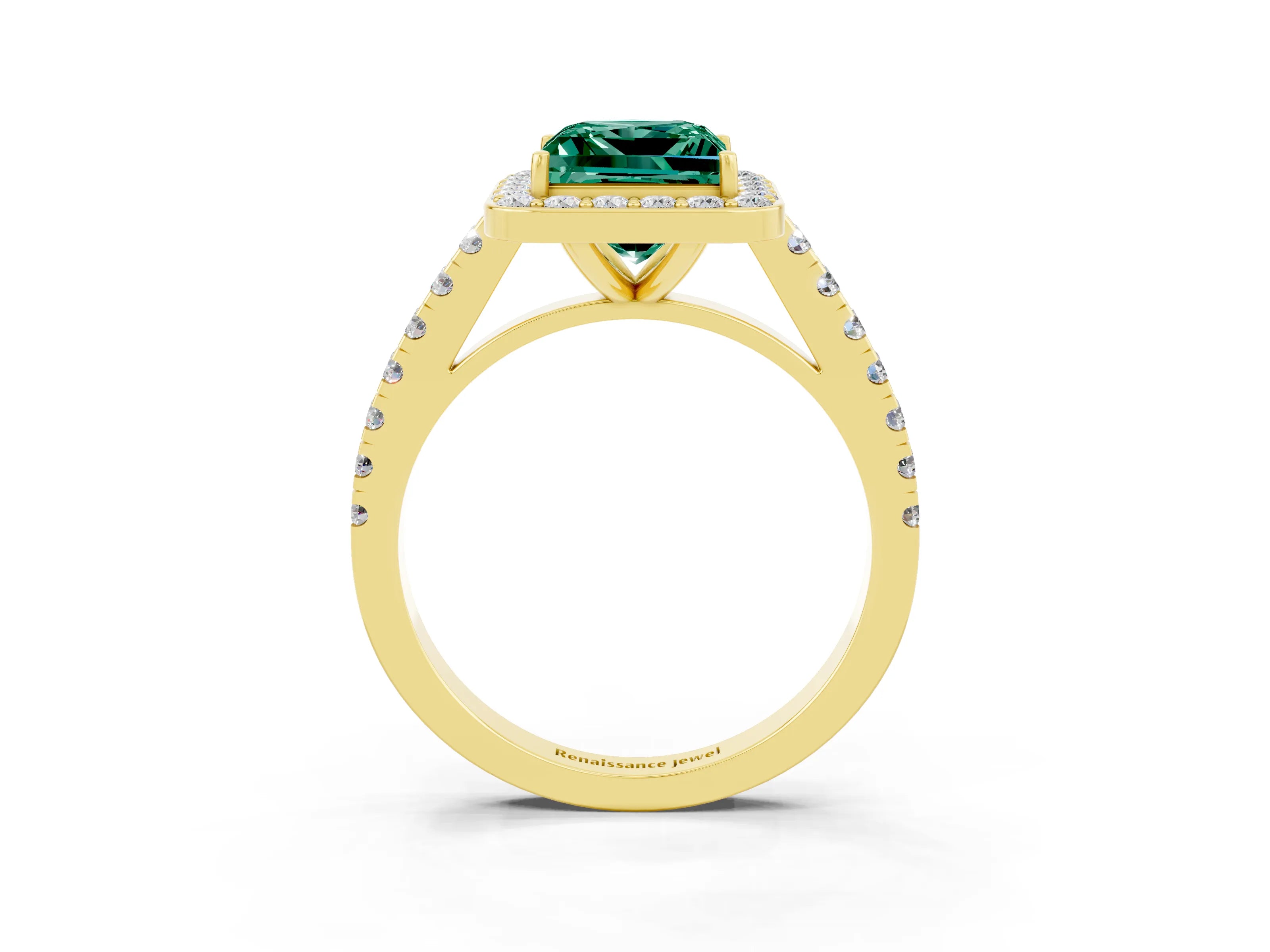 Yellow gold Princess Cut Halo Diamond Ring with Pavé Band and Three-Prong Setting_3