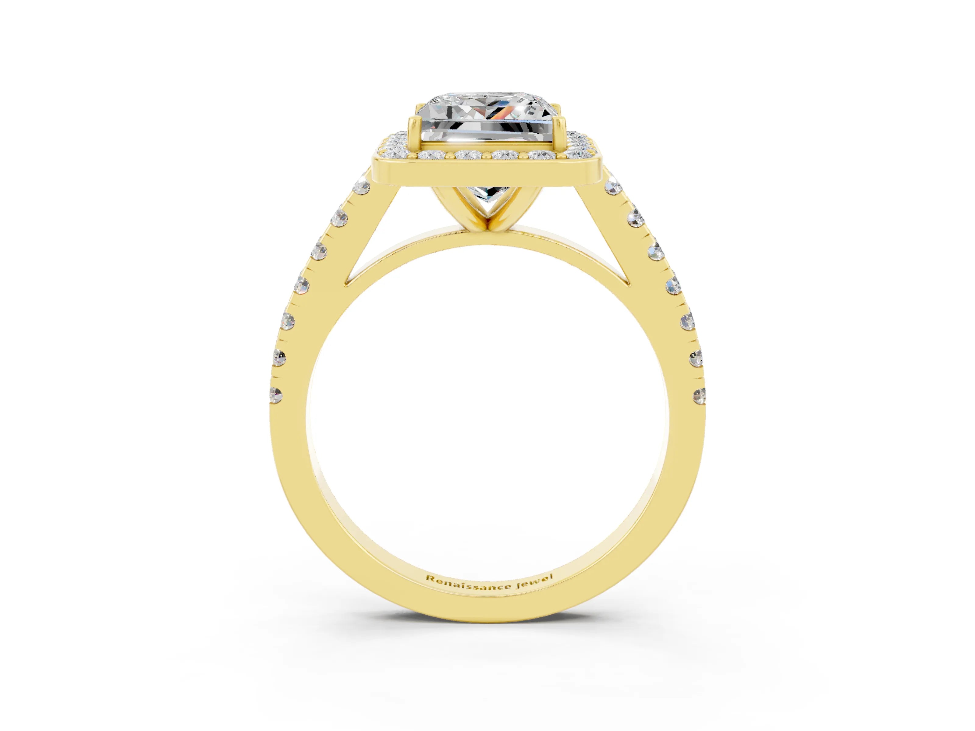 Yellow gold Princess Cut Halo Diamond Ring with Pavé Band and Three-Prong Setting_3