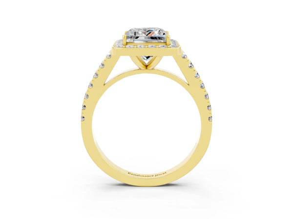 Yellow gold Princess Cut Moissanite Halo Ring with Round Pavé Split Shank and Prong Setting