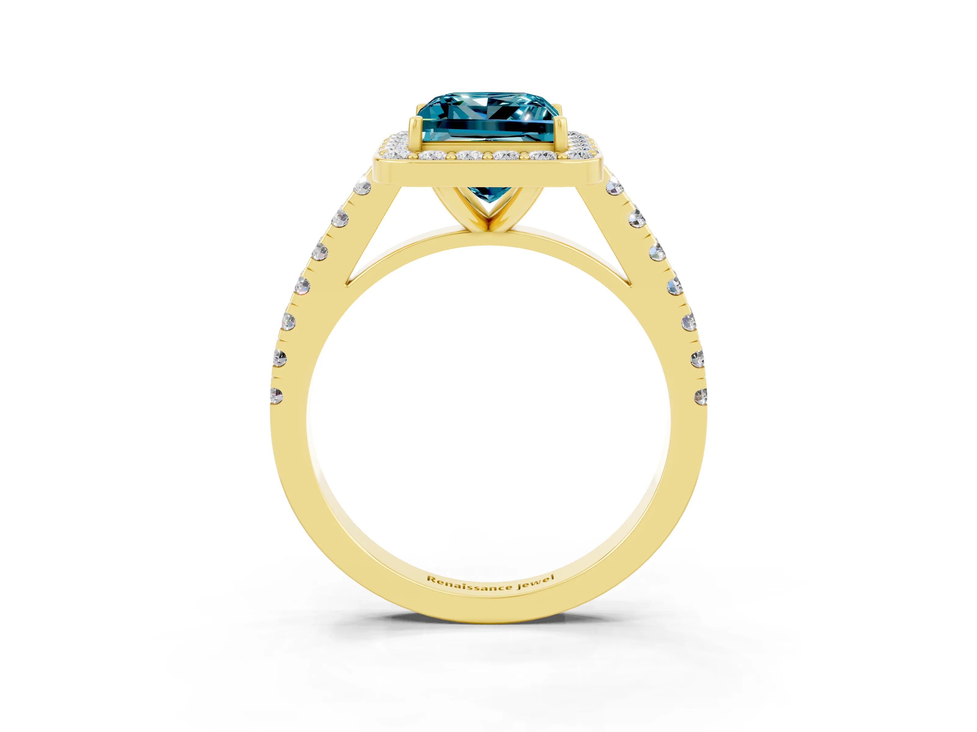 Yellow gold Princess Cut Halo Diamond Ring with Pavé Band and Three-Prong Setting_3