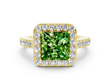 Yellow gold Princess Cut Halo Diamond Ring with Pavé Band and Three-Prong Setting