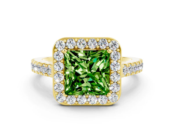 Yellow gold Princess Cut Halo Diamond Ring with Pavé Band and Three-Prong Setting