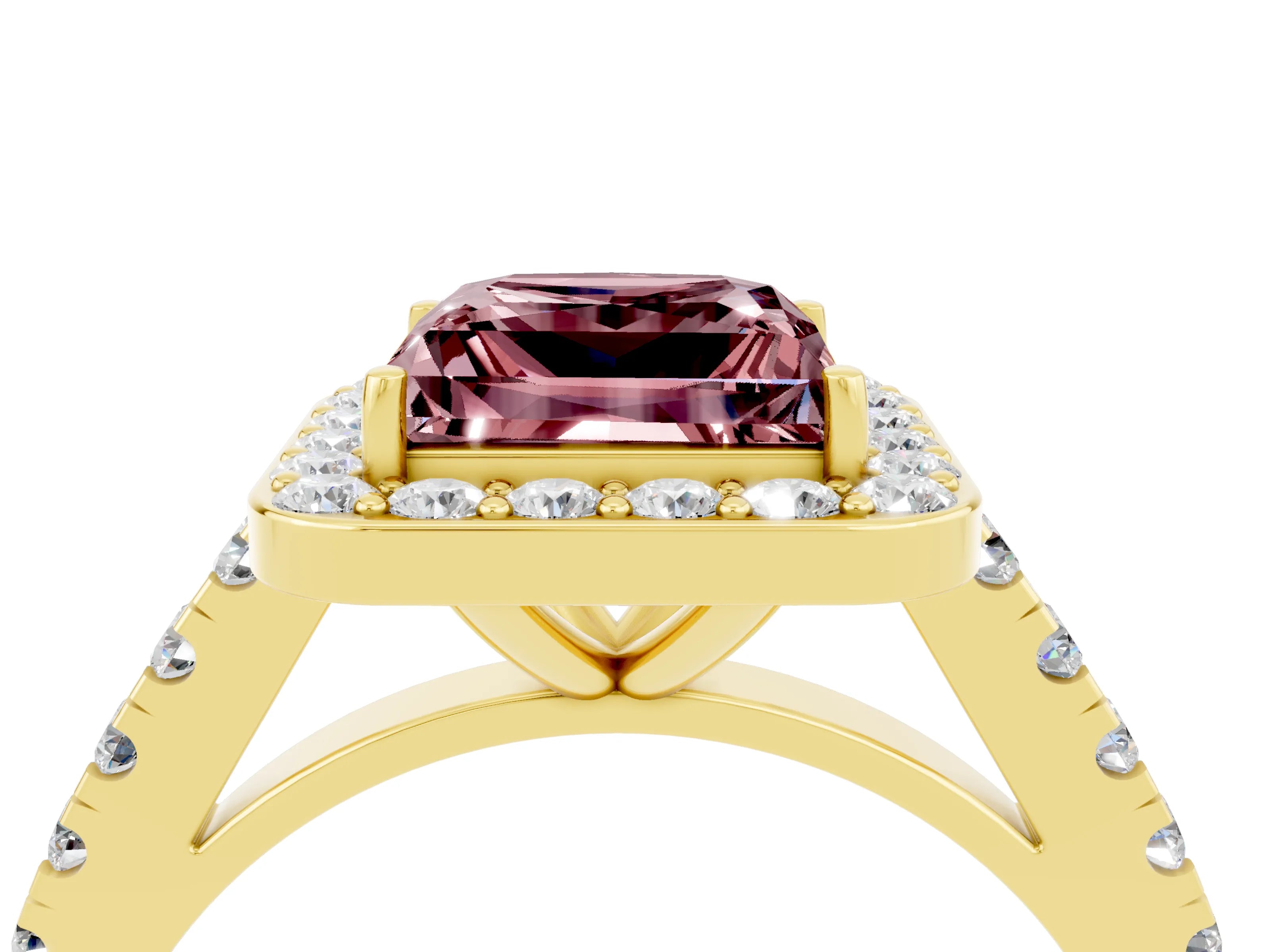 Yellow gold Princess Cut Halo Diamond Ring with Pavé Band and Three-Prong Setting_4