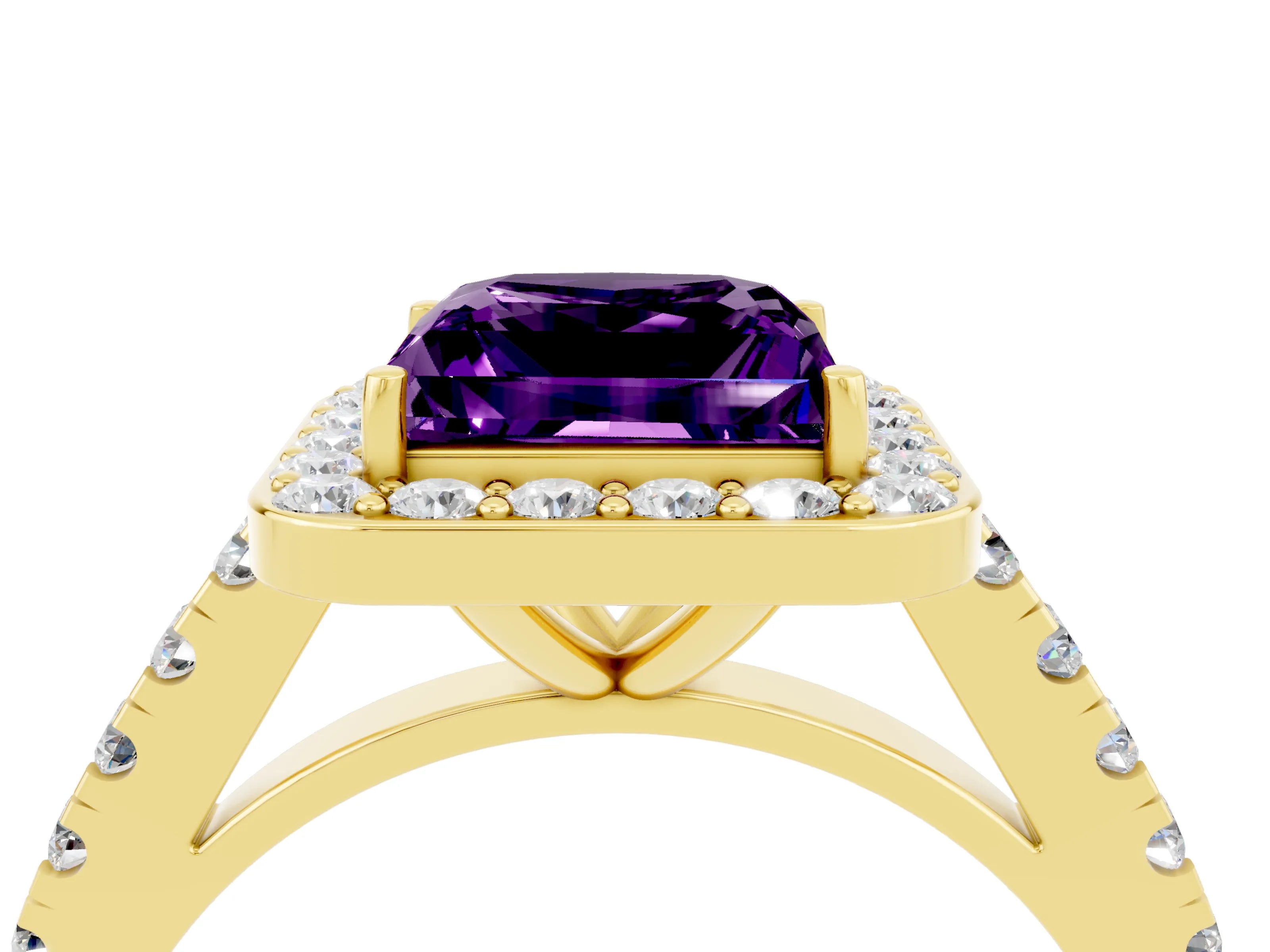 Yellow gold Princess Cut Halo Diamond Ring with Pavé Band and Three-Prong Setting_4