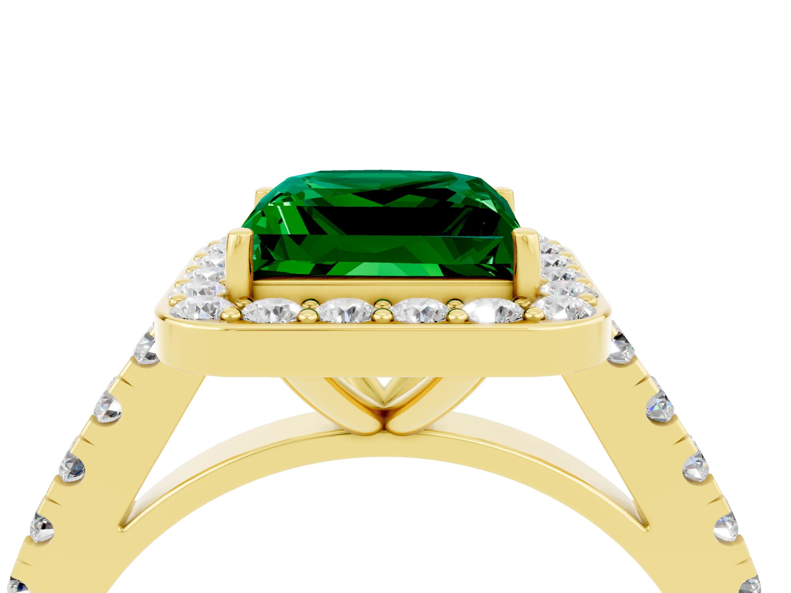 Yellow gold Princess Cut Halo Diamond Ring with Pavé Band and Three-Prong Setting_4