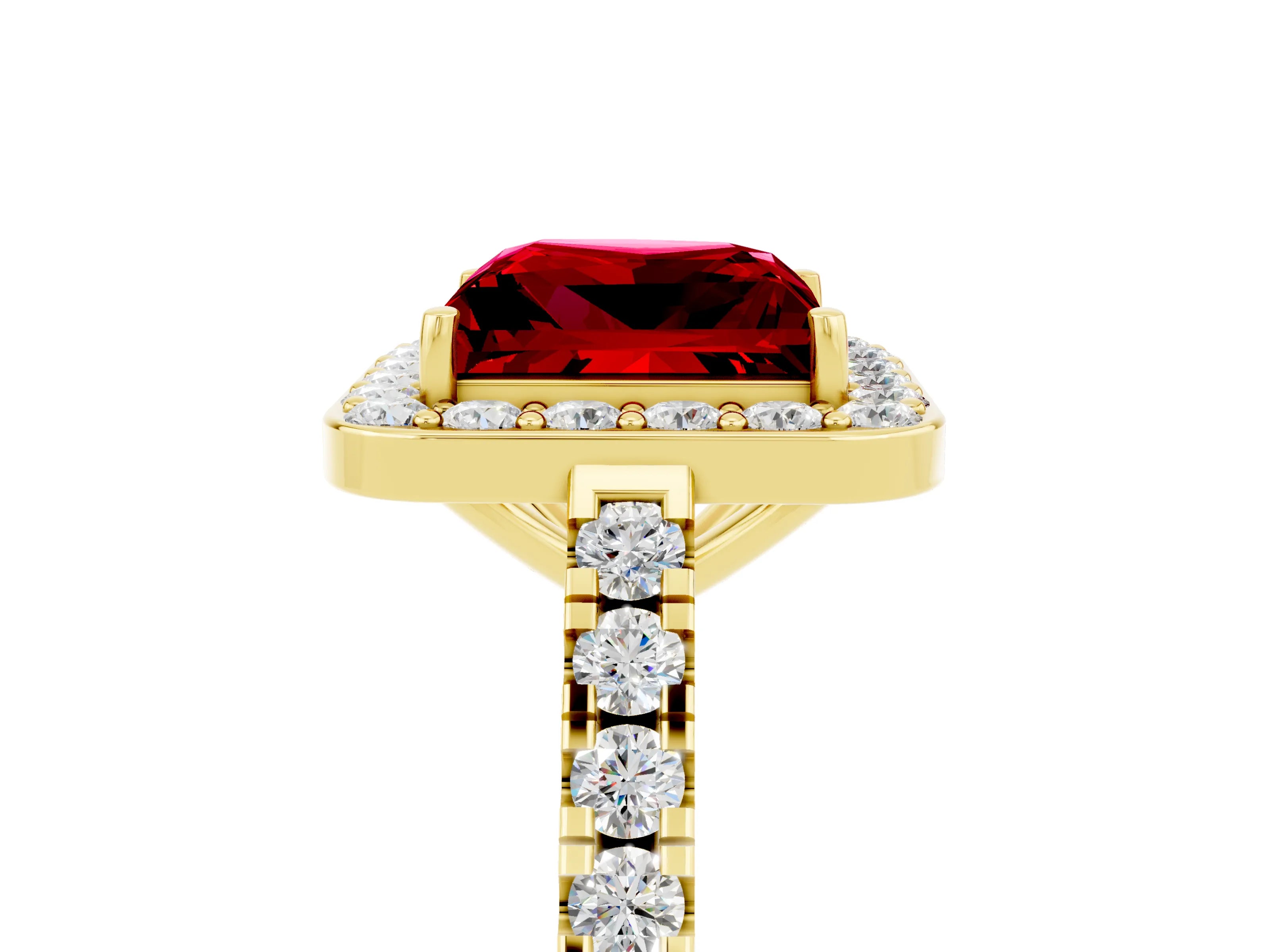 Yellow gold Princess Cut Halo Diamond Ring with Pavé Band and Three-Prong Setting_5