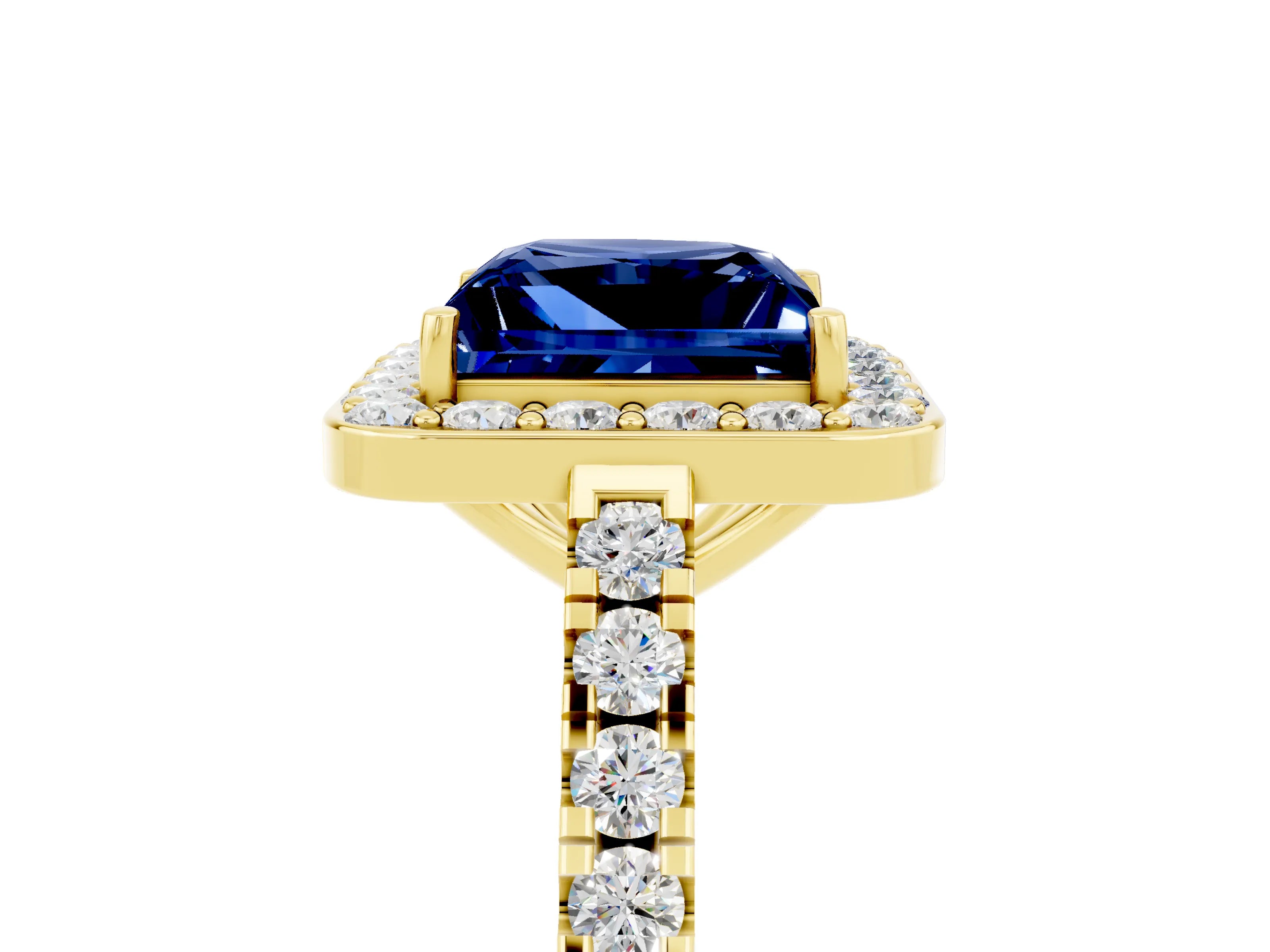 Yellow gold Princess Cut Halo Diamond Ring with Pavé Band and Three-Prong Setting_5