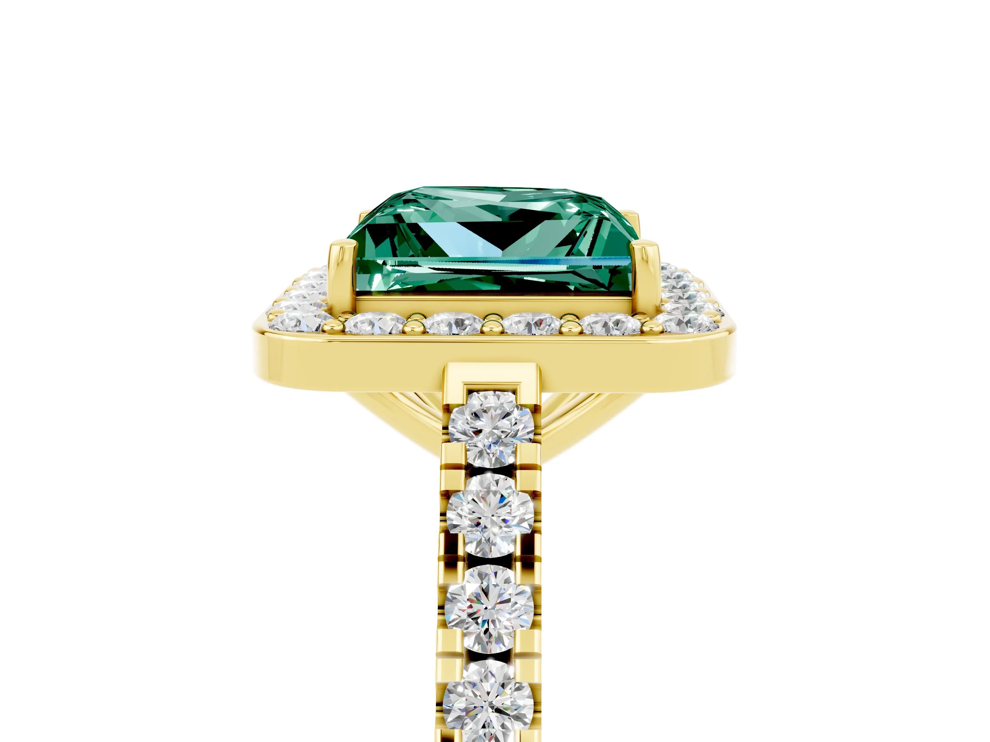 Yellow gold Princess Cut Halo Diamond Ring with Pavé Band and Three-Prong Setting_5