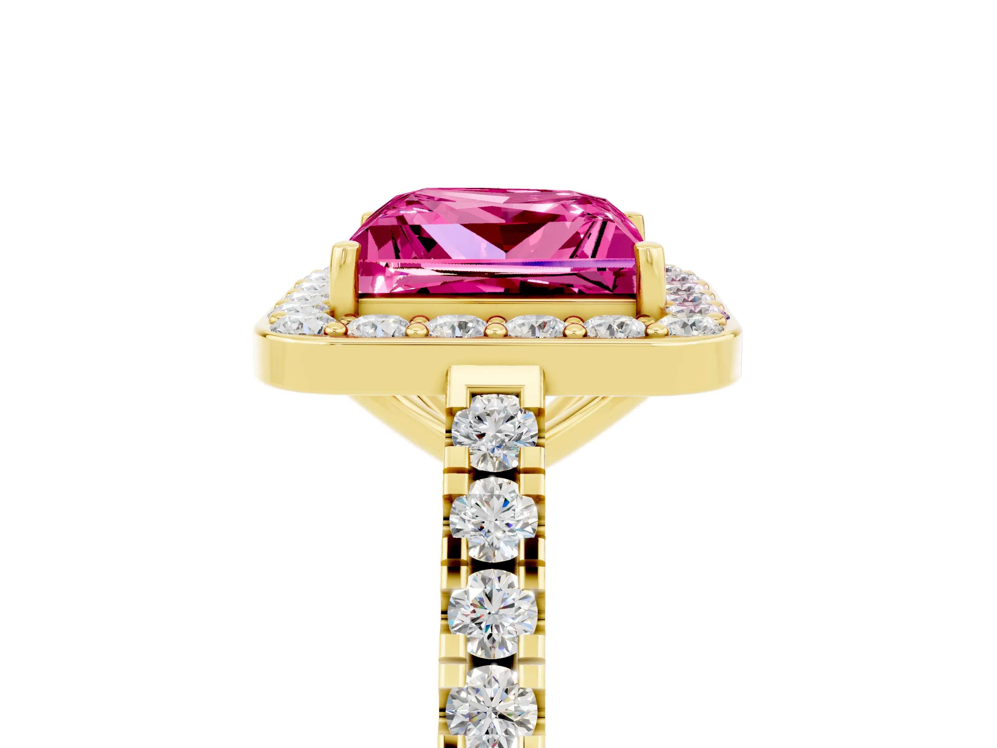 Yellow gold Princess Cut Halo Diamond Ring with Pavé Band and Three-Prong Setting_5