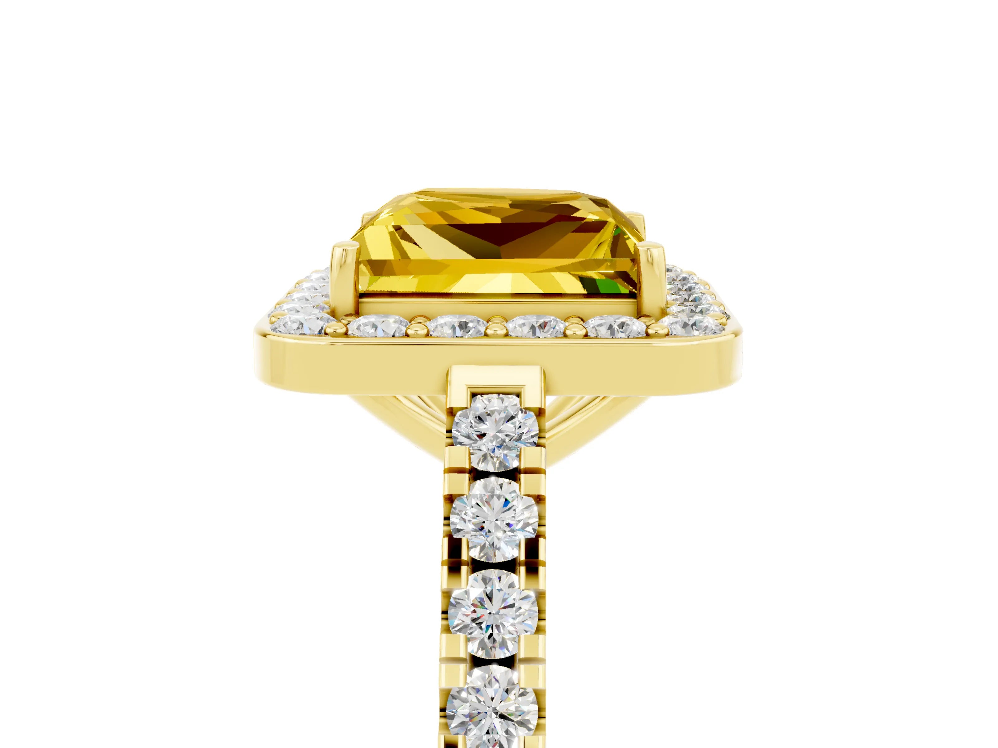 Yellow gold Princess Cut Halo Diamond Ring with Pavé Band and Three-Prong Setting_5