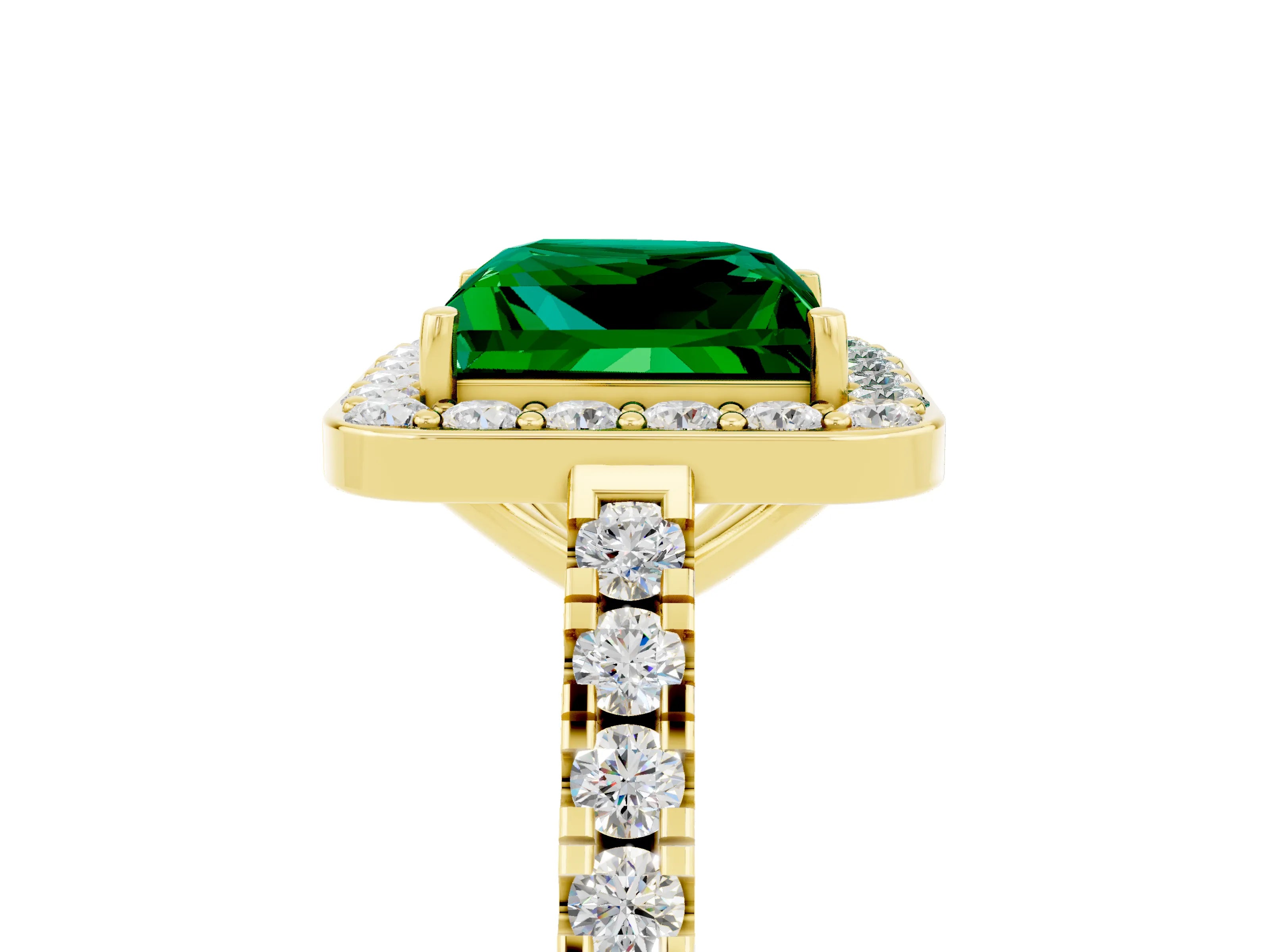 Yellow gold Princess Cut Halo Diamond Ring with Pavé Band and Three-Prong Setting_5