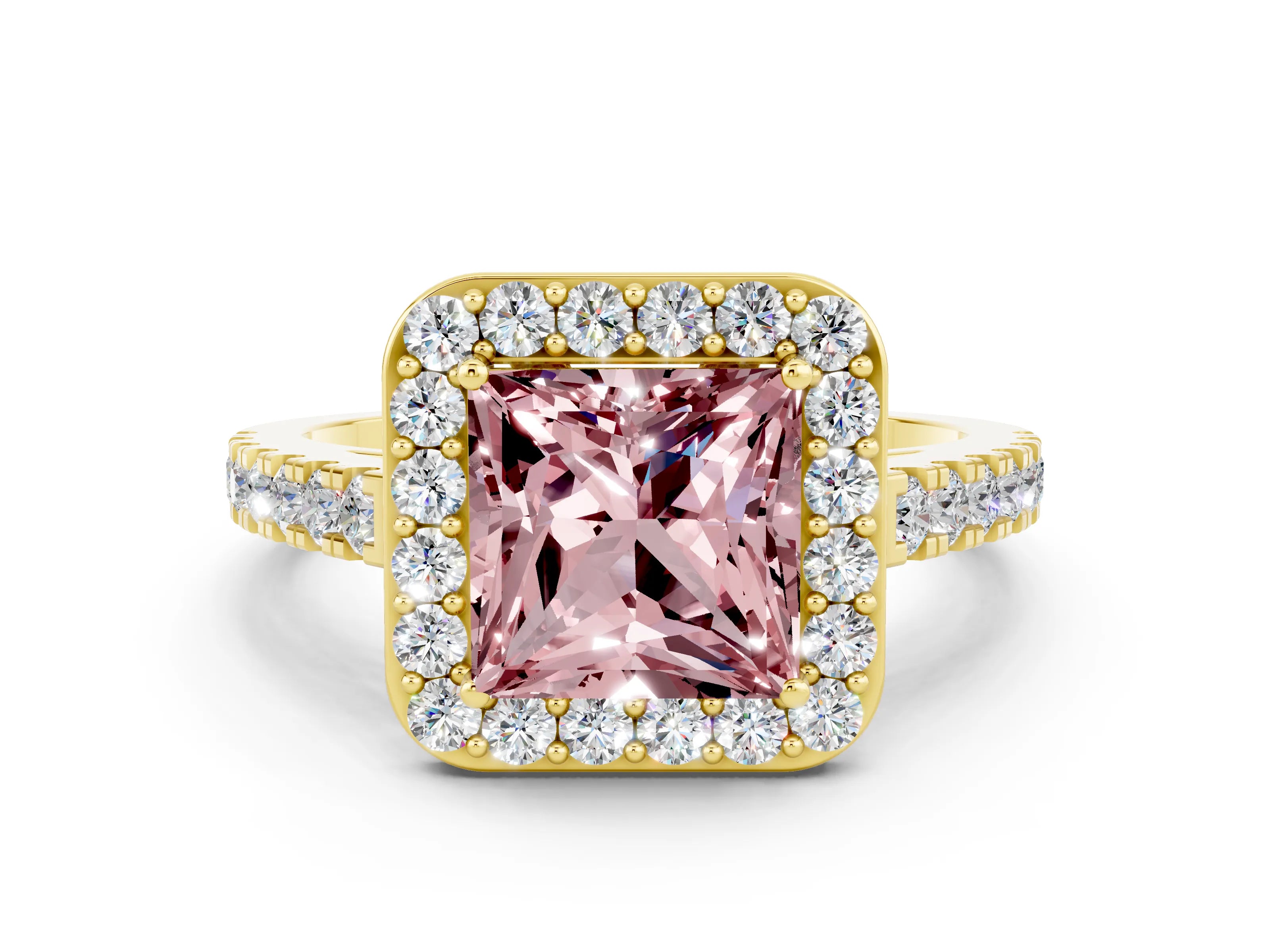 Yellow gold Princess Cut Halo Diamond Ring with Pavé Band and Three-Prong Setting