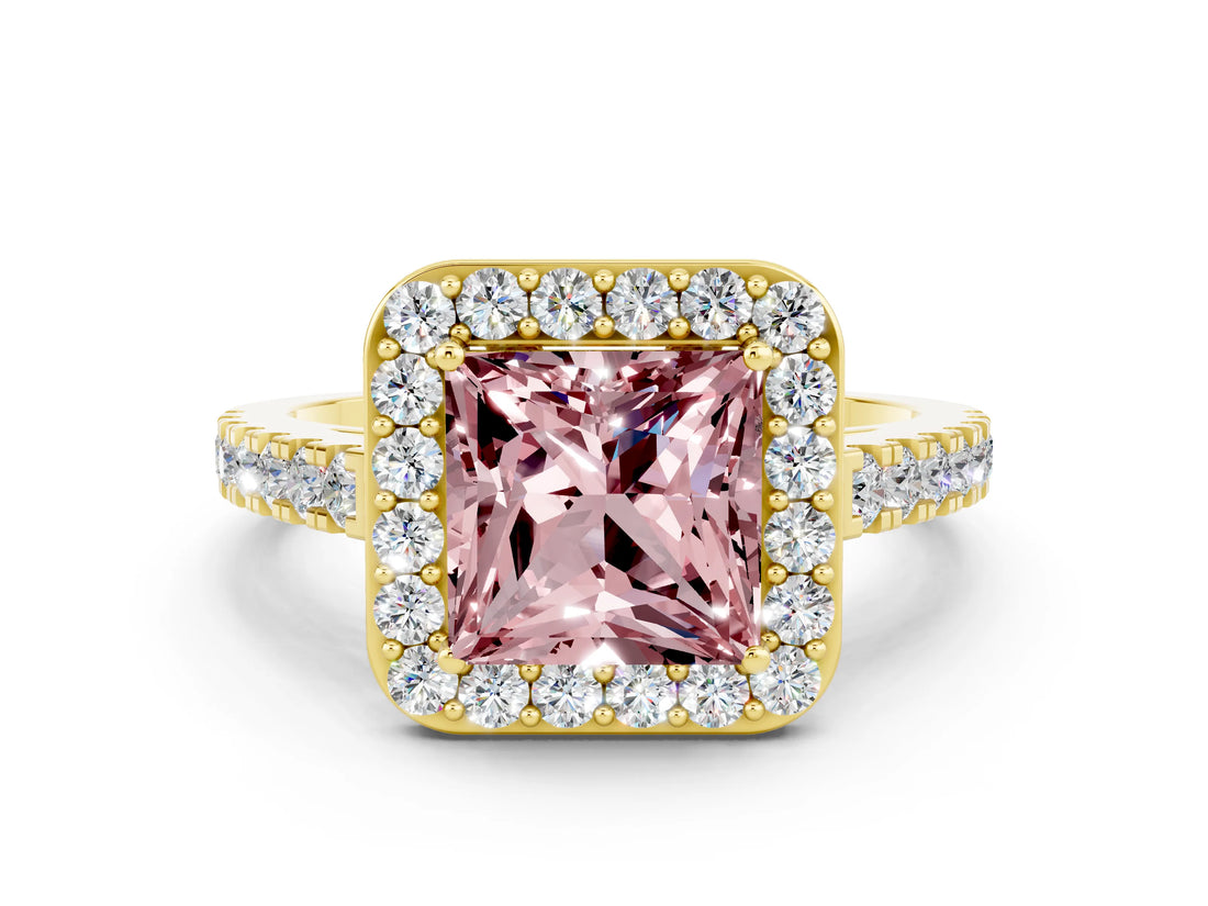Yellow gold Princess Cut Halo Diamond Ring with Pavé Band and Three-Prong Setting