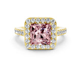 Yellow gold Princess Cut Halo Diamond Ring with Pavé Band and Three-Prong Setting