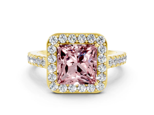 Yellow gold Princess Cut Halo Diamond Ring with Pavé Band and Three-Prong Setting