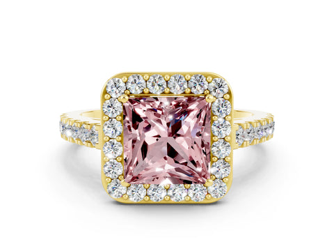 Yellow gold Princess Cut Halo Diamond Ring with Pavé Band and Three-Prong Setting