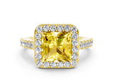 Yellow gold Princess Cut Halo Diamond Ring with Pavé Band and Three-Prong Setting