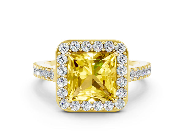 Yellow gold Princess Cut Yellow Sapphire Halo Ring with Round Pavé Split Shank and Prong Setting