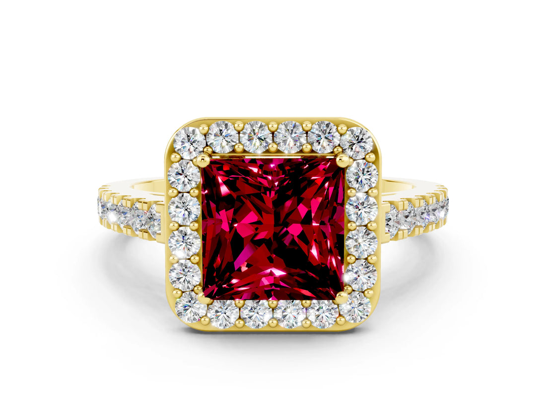 Yellow gold Princess Cut Halo Diamond Ring with Pavé Band and Three-Prong Setting