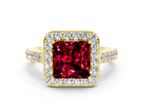 Yellow gold Princess Cut Halo Diamond Ring with Pavé Band and Three-Prong Setting