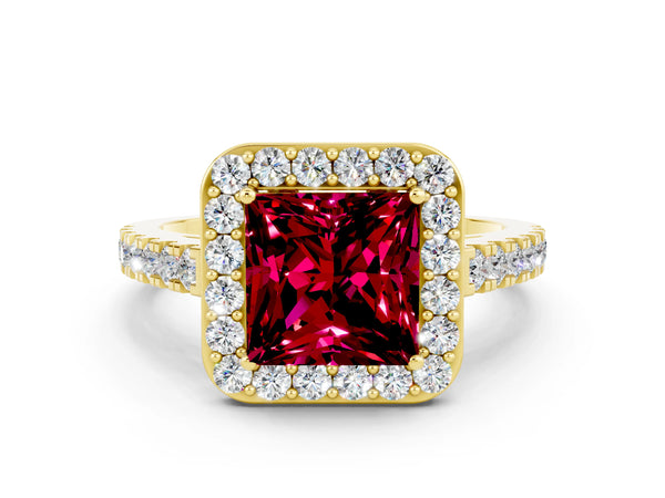 Yellow Gold Princess Cut Garnet Halo Engagement Ring with Shared Prong Pave Band