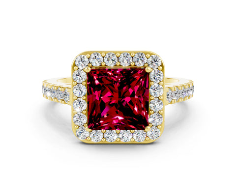 Yellow gold Princess Cut Halo Diamond Ring with Pavé Band and Three-Prong Setting