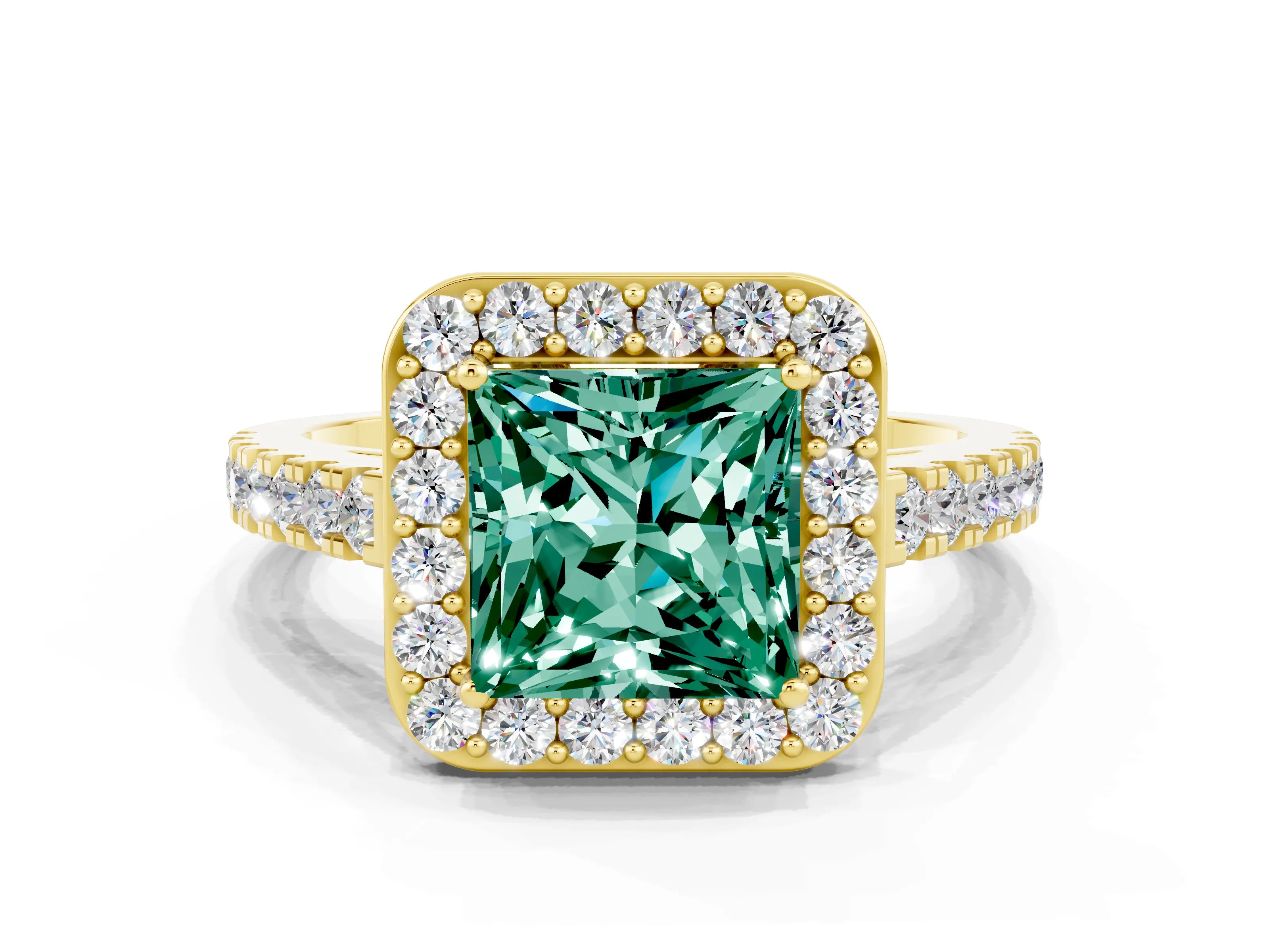 Yellow gold Princess Cut Halo Diamond Ring with Pavé Band and Three-Prong Setting