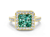 Yellow gold Princess Cut Halo Diamond Ring with Pavé Band and Three-Prong Setting