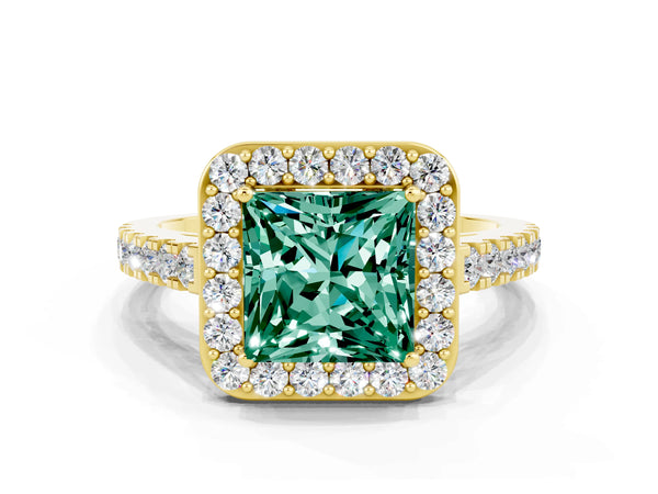 Yellow gold Princess Cut Green Sapphire Halo Ring with Round Pavé Split Shank and Prong Setting