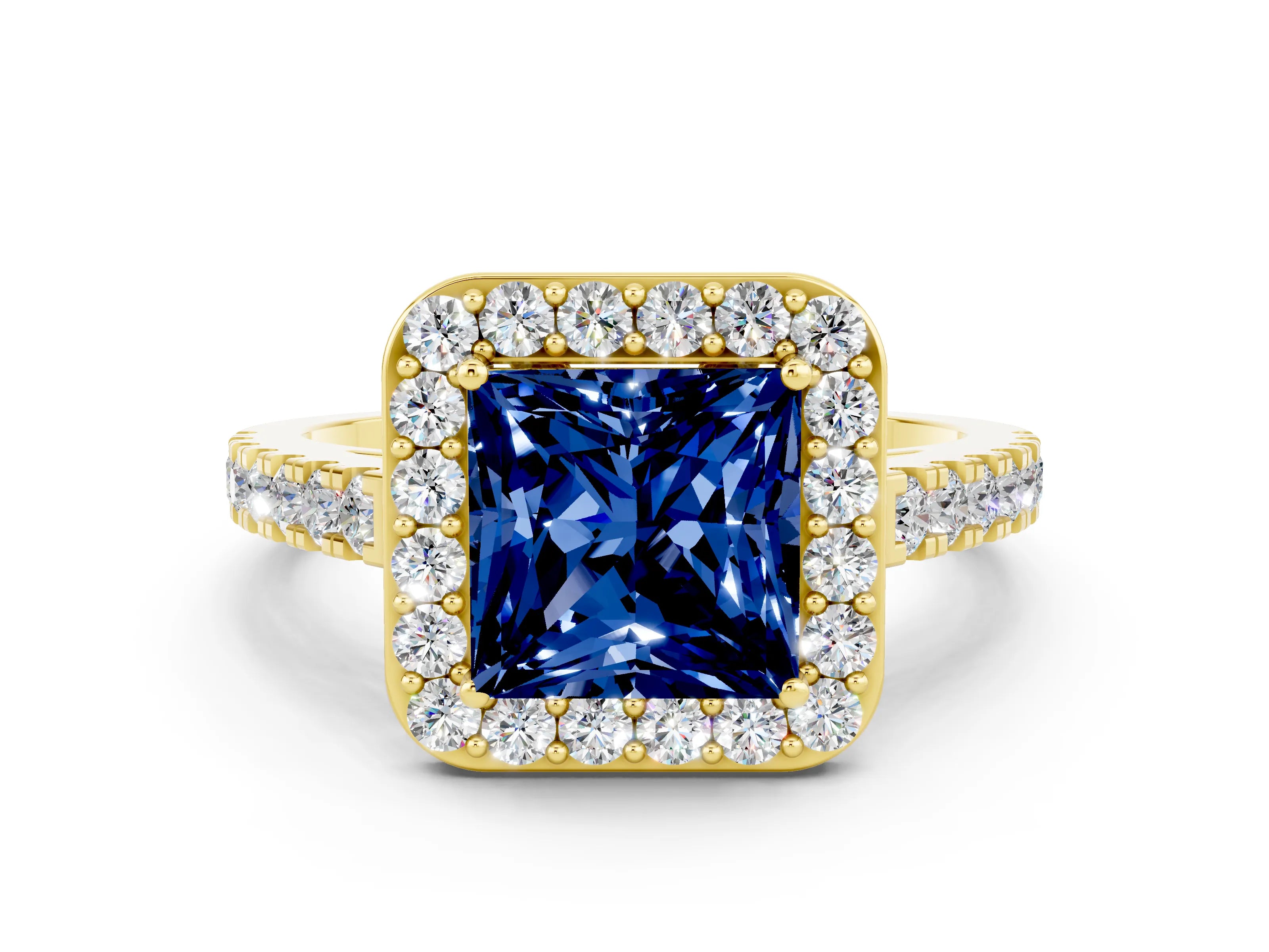 Yellow gold Princess Cut Halo Diamond Ring with Pavé Band and Three-Prong Setting