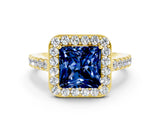 Yellow gold Princess Cut Halo Diamond Ring with Pavé Band and Three-Prong Setting