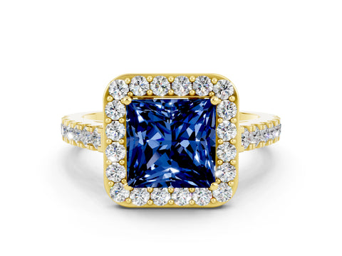 Yellow gold Princess Cut Halo Diamond Ring with Pavé Band and Three-Prong Setting
