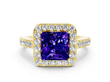 Yellow gold Princess Cut Halo Diamond Ring with Pavé Band and Three-Prong Setting