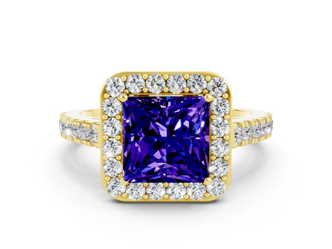 Yellow gold Princess Cut Halo Diamond Ring with Pavé Band and Three-Prong Setting
