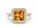 Yellow gold Princess Cut Halo Diamond Ring with Pavé Band and Three-Prong Setting