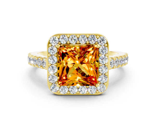 Yellow gold Princess Cut Citrine Halo Ring with Round Pavé Split Shank and Prong Setting