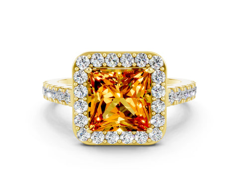 Yellow gold Princess Cut Halo Diamond Ring with Pavé Band and Three-Prong Setting