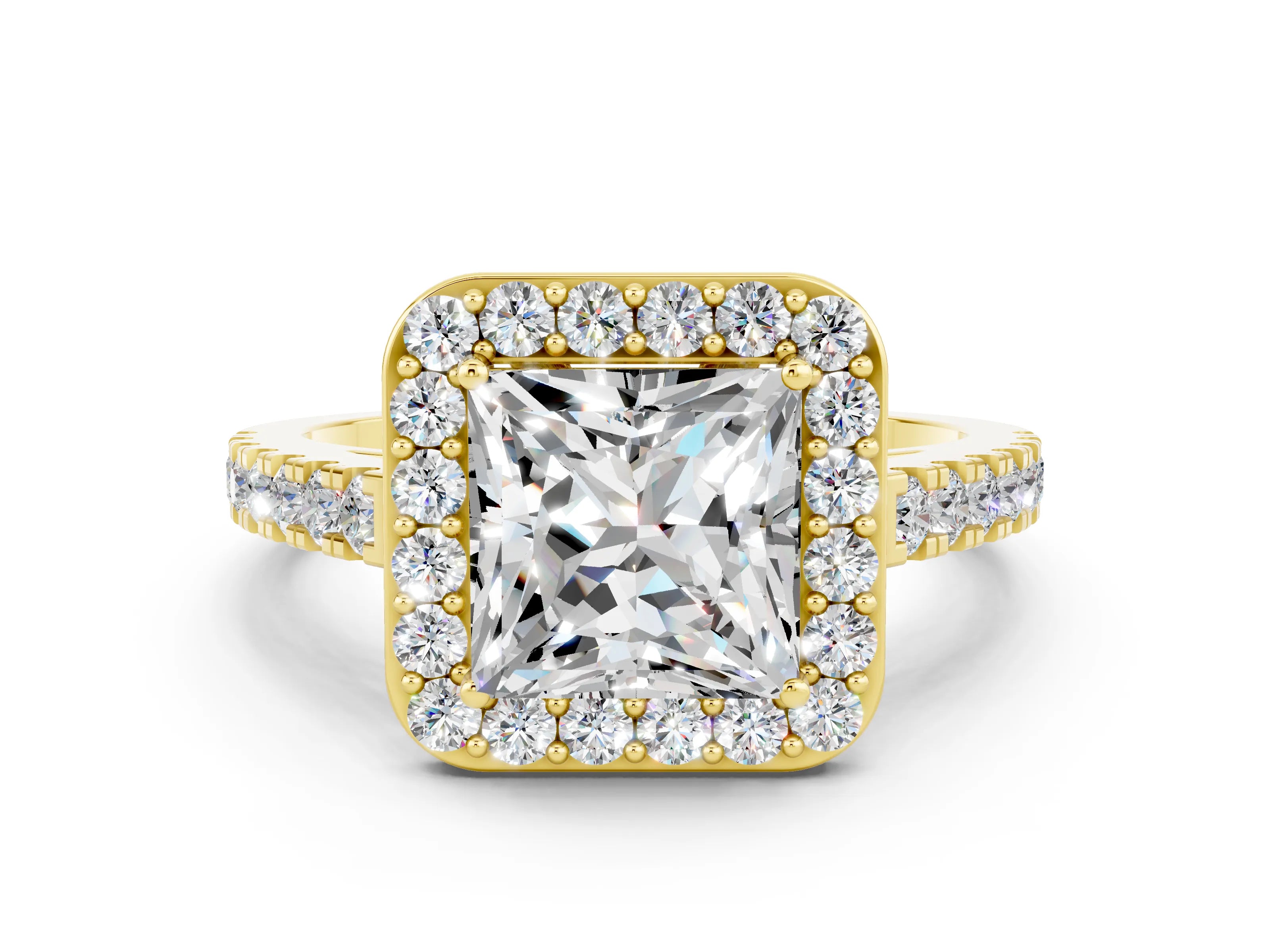 Yellow gold Princess Cut Halo Diamond Ring with Pavé Band and Three-Prong Setting