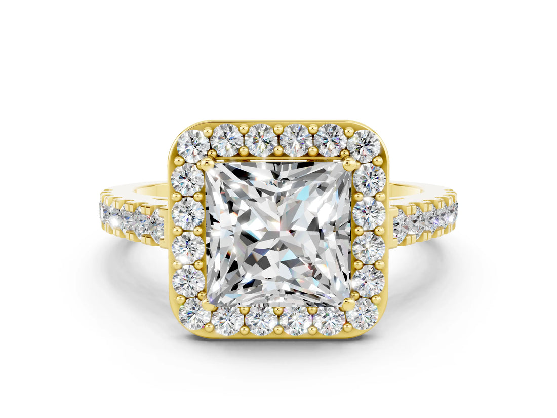 Yellow gold Princess Cut Halo Diamond Ring with Pavé Band and Three-Prong Setting
