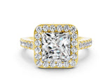 Yellow gold Princess Cut Halo Diamond Ring with Pavé Band and Three-Prong Setting