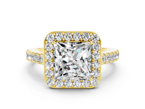 Yellow gold Princess Cut Moissanite Halo Ring with Round Pavé Split Shank and Prong Setting