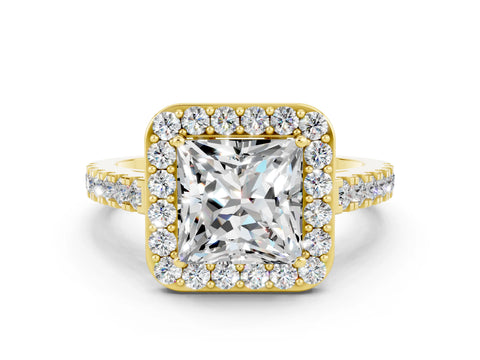 Yellow gold Princess Cut Halo Diamond Ring with Pavé Band and Three-Prong Setting